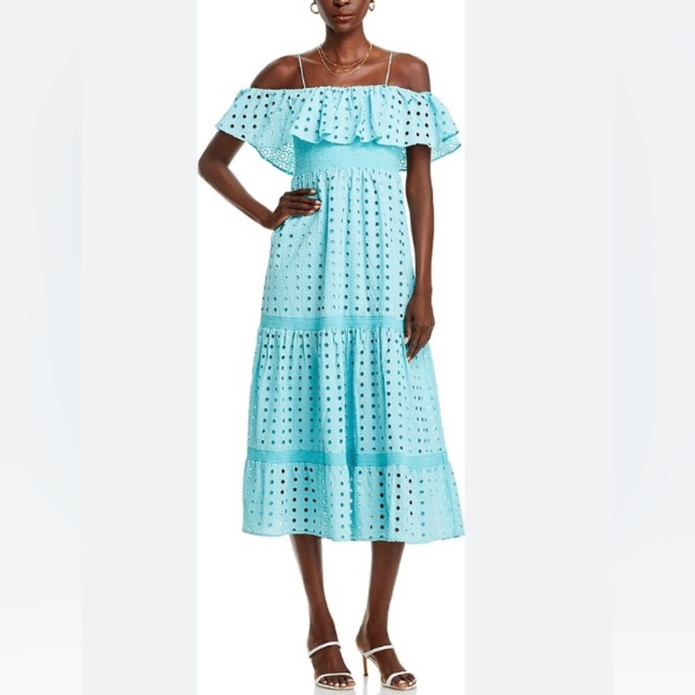 Tahari NWT Dress Sz M Eyelet Midi Flounce Blue Turquoise Cotton NEW Boho Chic